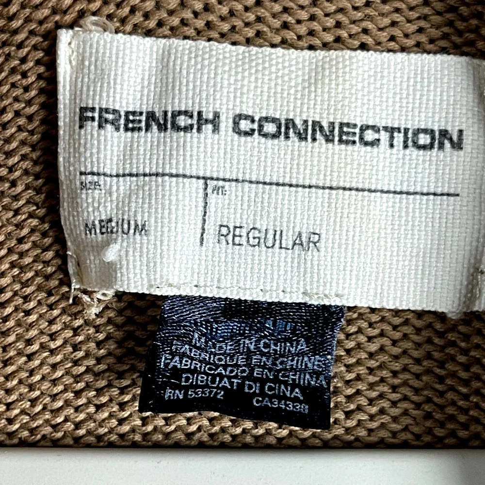 French Connection Safari Cardigan Sweater Mens Medium Tan Shawl Collar Cotton